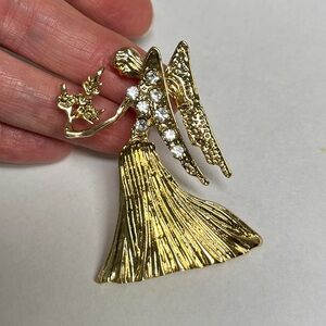 Brooch, Angel, golden w/ rhinestones. NIP, 2”x1.5”, w/ black display case